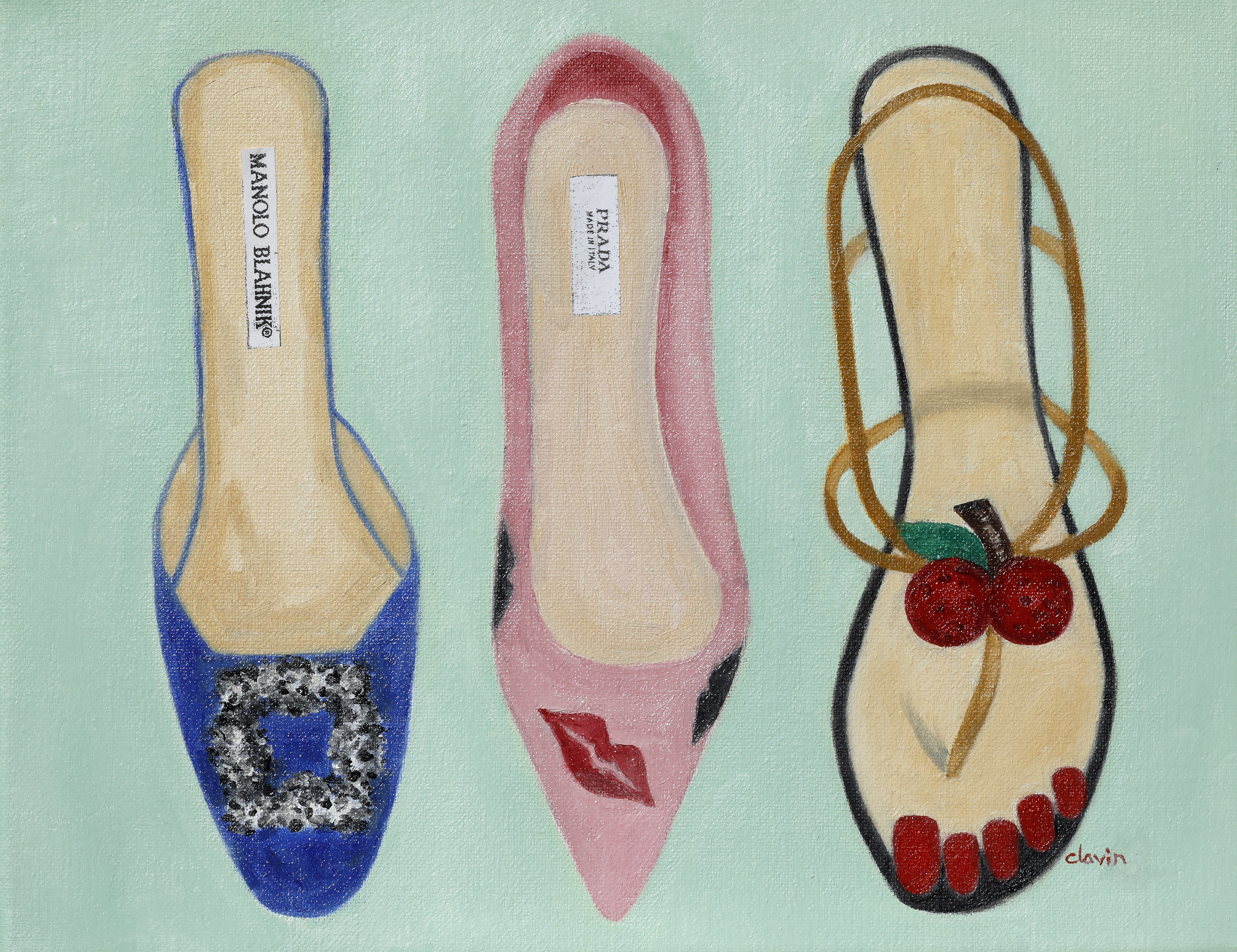 3 shoes, green background   11x14  $300.00